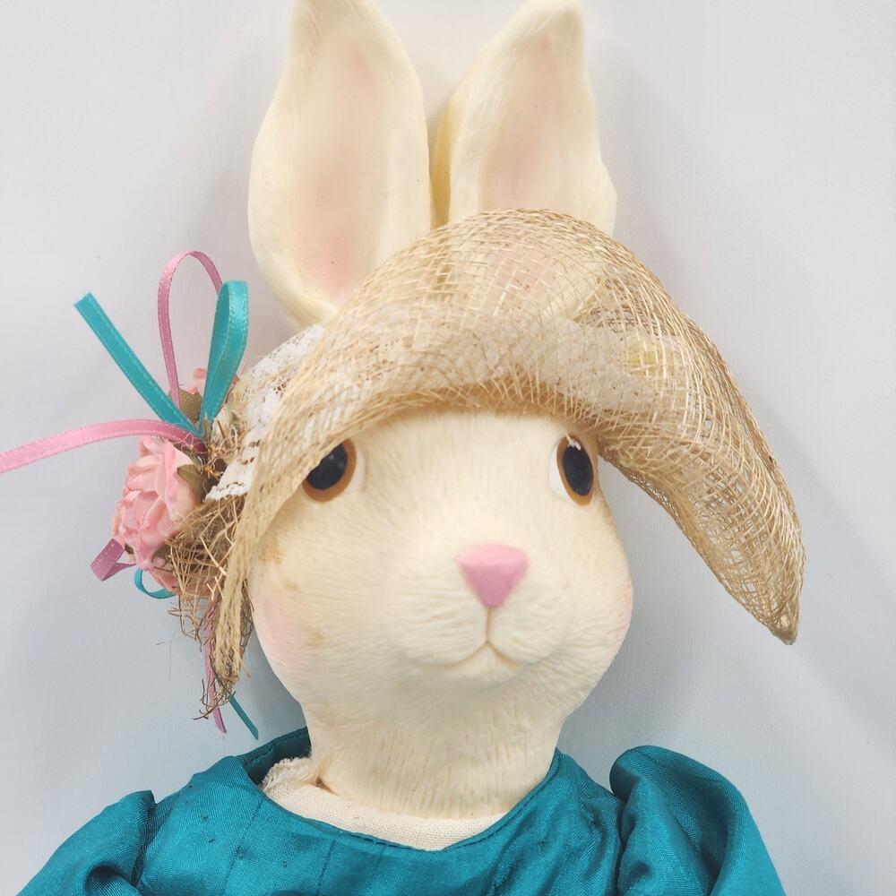 Bunny Rabbit Cotton Plush Doll Blue Dress Fabric Floral Hat 16" Plush Stuffie